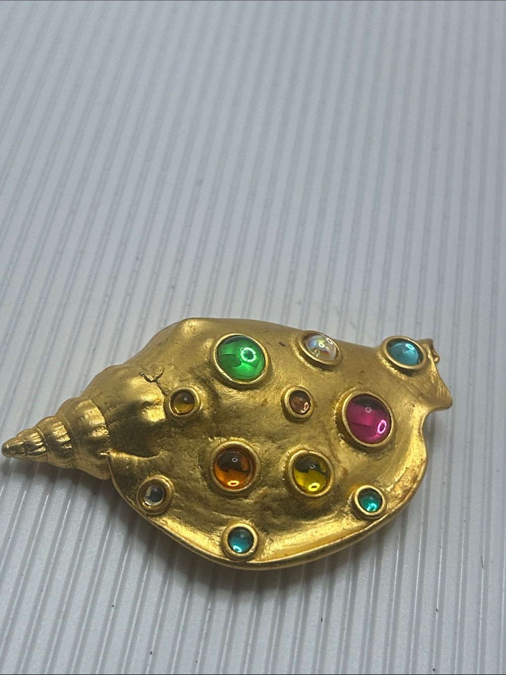 Vintage JJ Park Lane Gold-tone Shell Brooch with Multicolor Cabochons